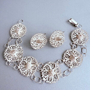 Vintage Sterling Silver 925 Spun Filigree Sombrero Panel Bracelet & Earrings Set